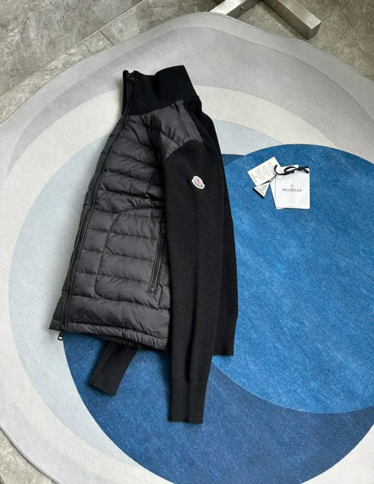 Black cardigan with knit sleeves and logo