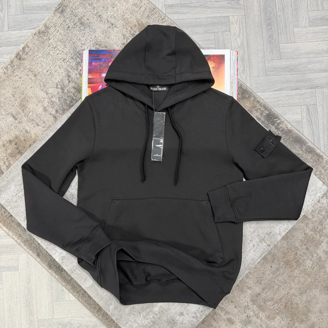 Black Hoodie Sweater with black logo in the sleeve