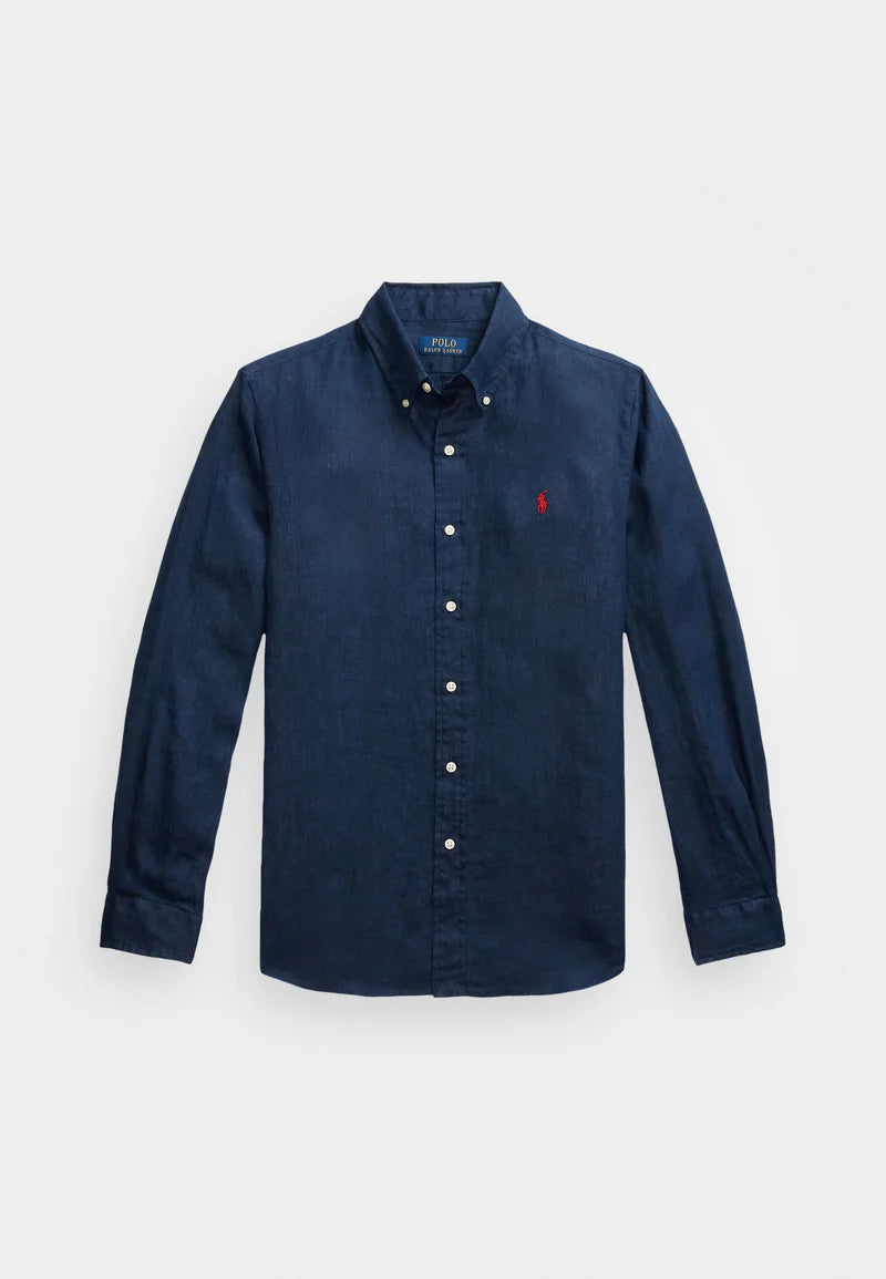 navy blue linen shirt with logo on the chest