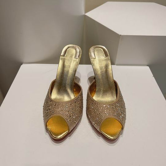 Gold Open-Toe High Heel Mules
