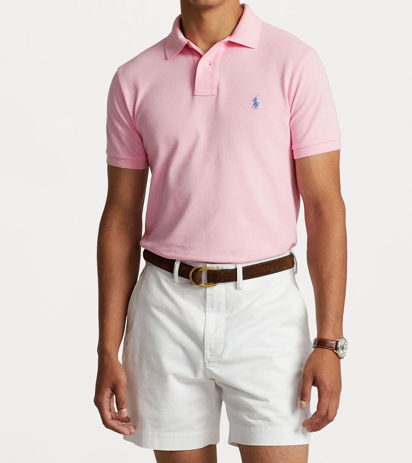 Pink polo with red logo