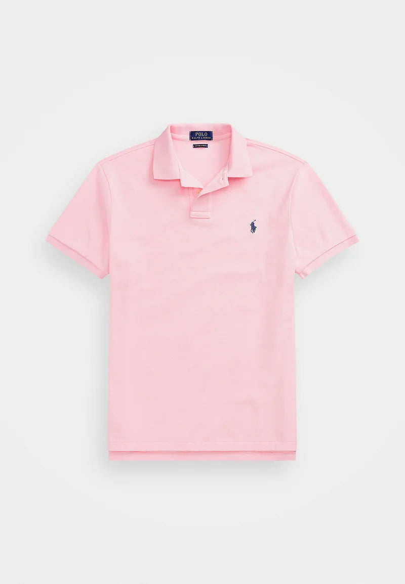 Pink polo with red logo