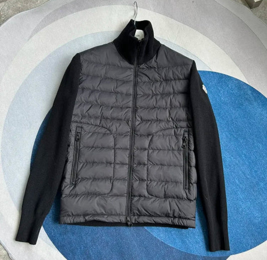 Black cardigan with knit sleeves and logo