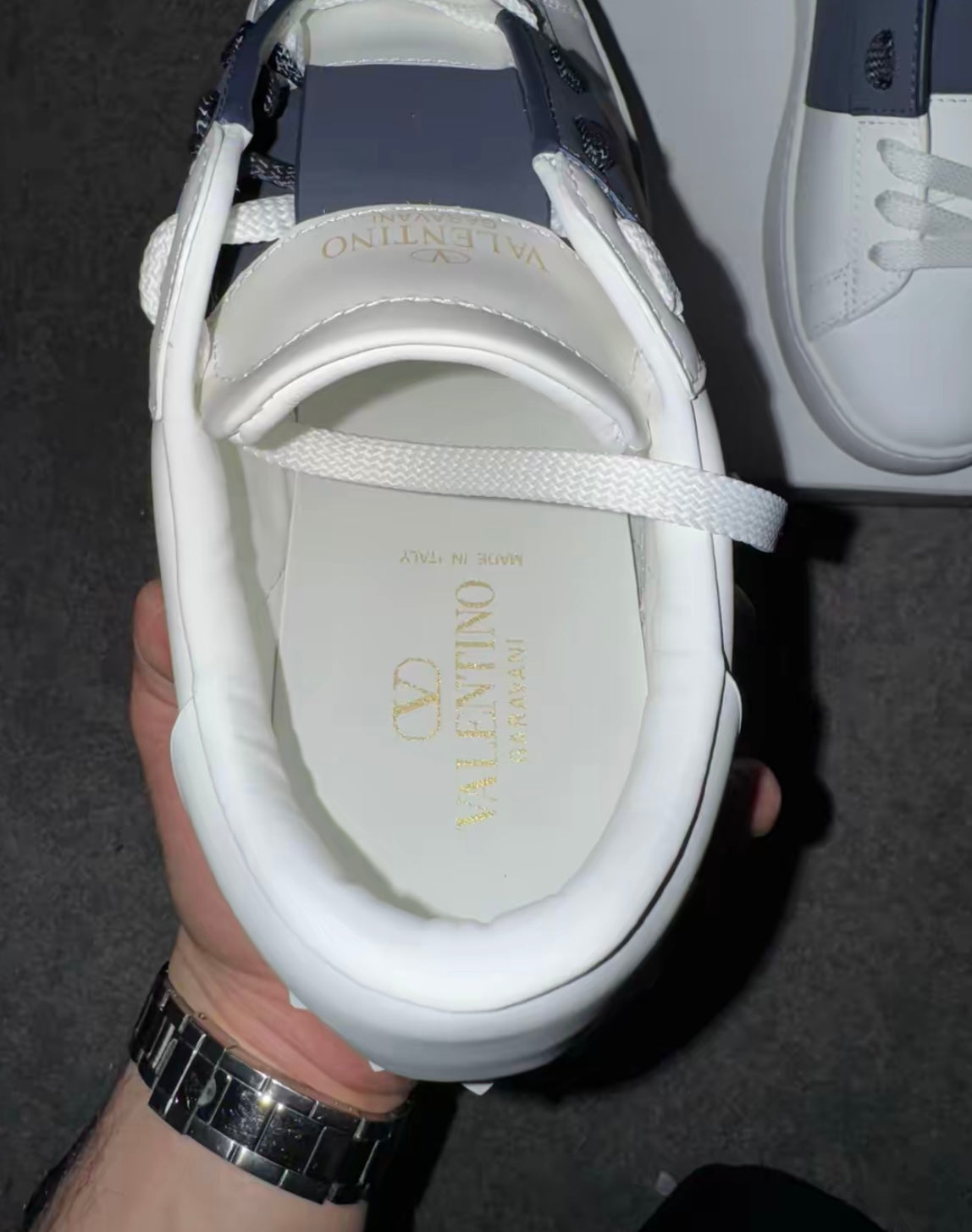 White shoes striped navy blue spiked