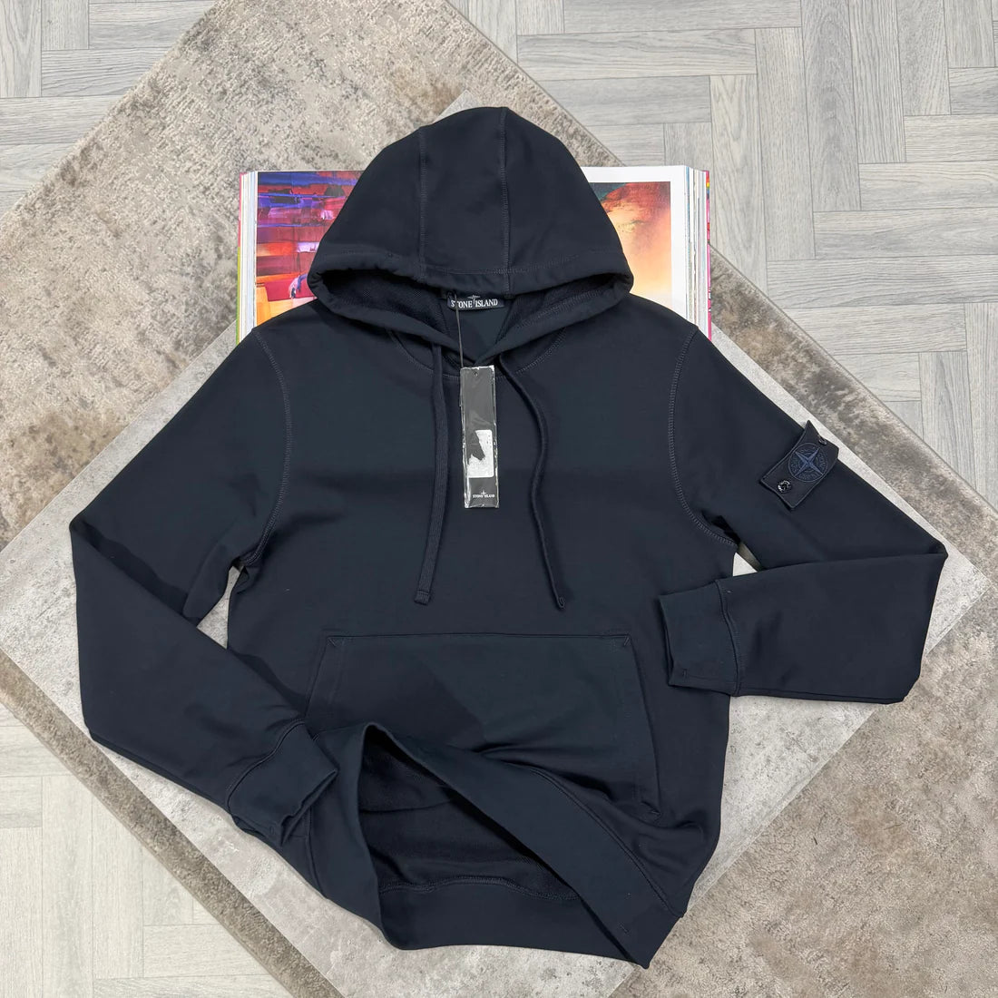 Navy Blue Hoodie with Navy logo in the sleeve