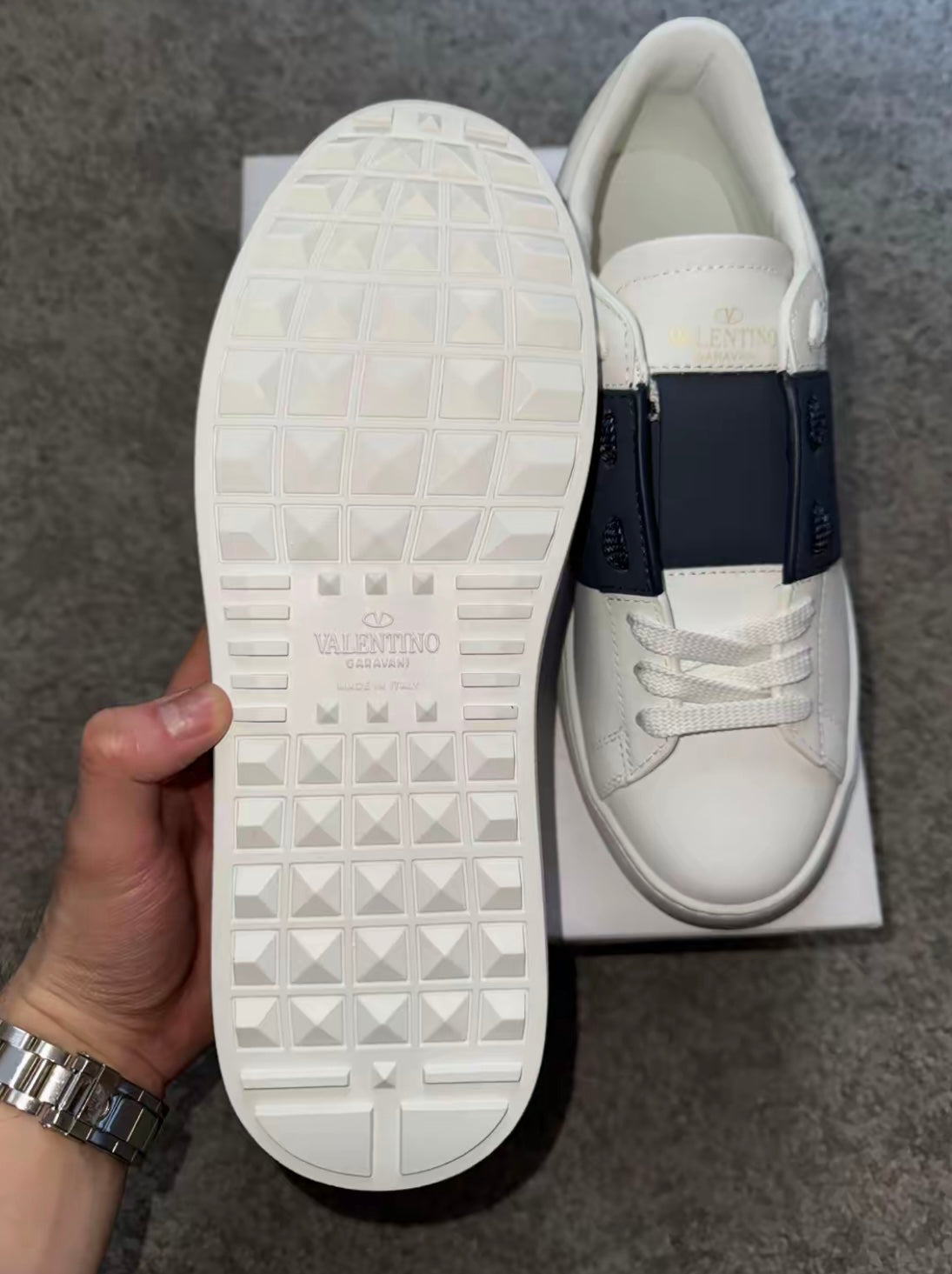 White shoes striped navy blue spiked