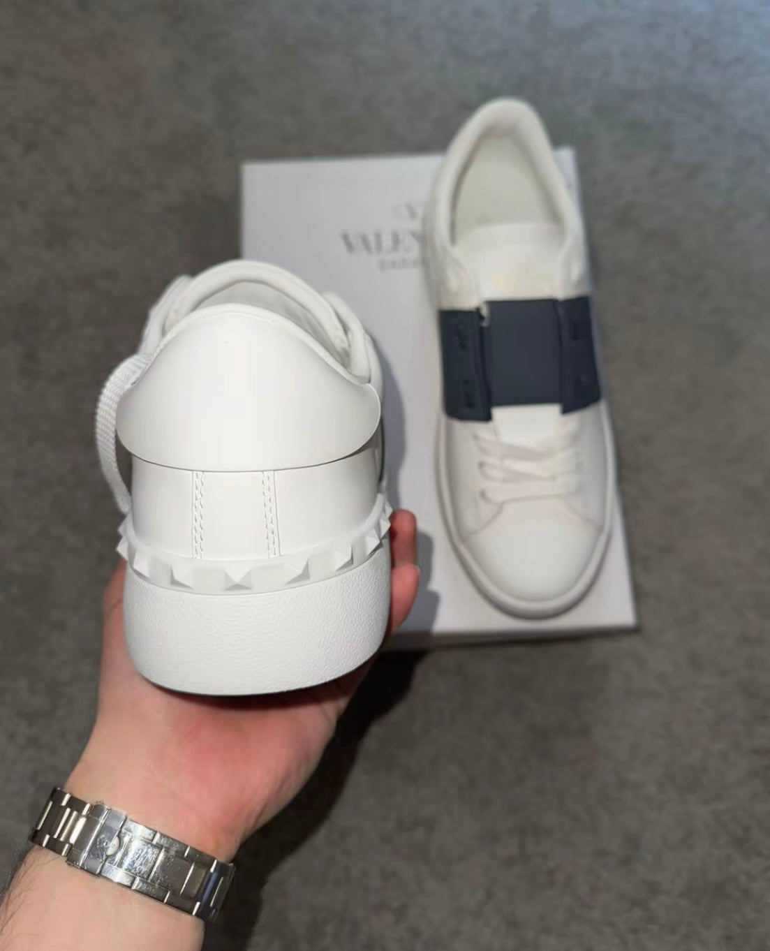 White shoes striped navy blue spiked