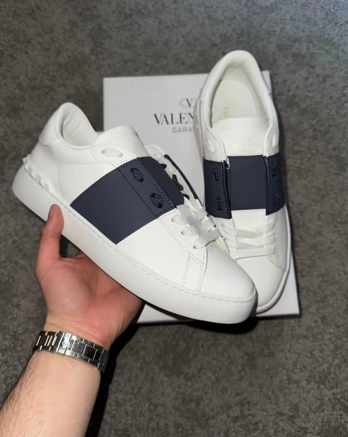 White shoes striped navy blue spiked